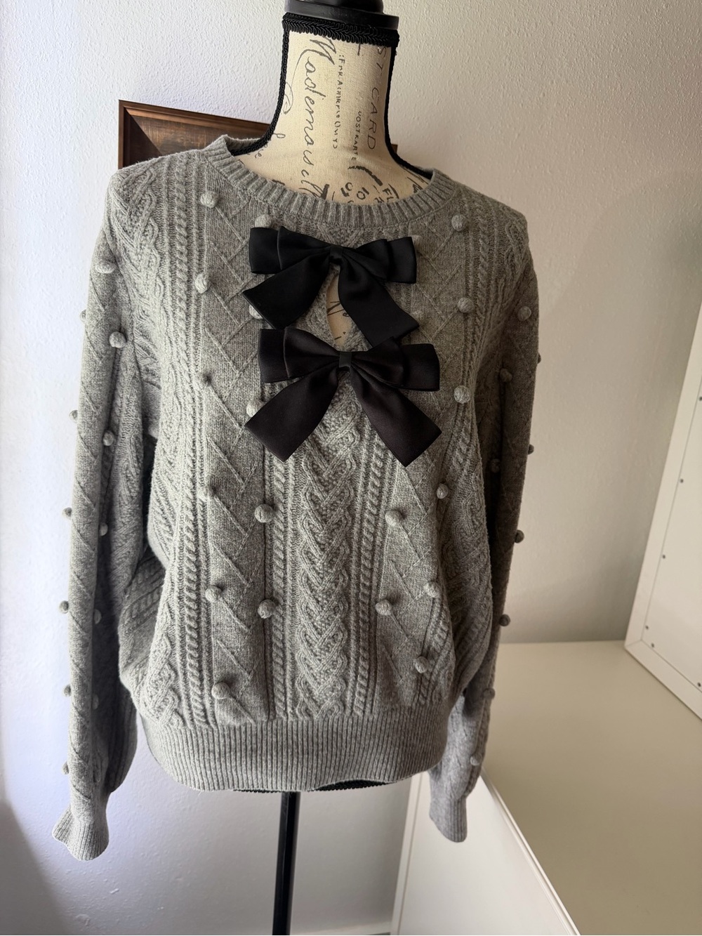 White House Black Market Gray Cable-Knit Sweater with Black Satin Bows